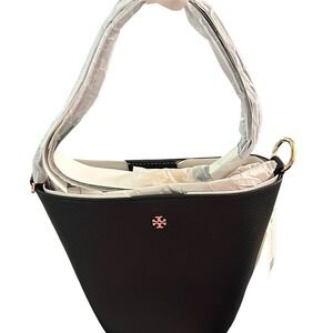 Tory Burch Blake Bucket Bag Black Leather Top Handle Crossbody Gold Logo OS